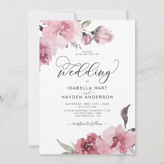 Invitation Fleurs rousses rose pâle et poussiéreuses Mariage  (Devant)