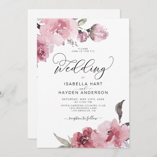 Invitation Fleurs rousses rose pâle et poussiéreuses Mariage (Devant / Derrière)