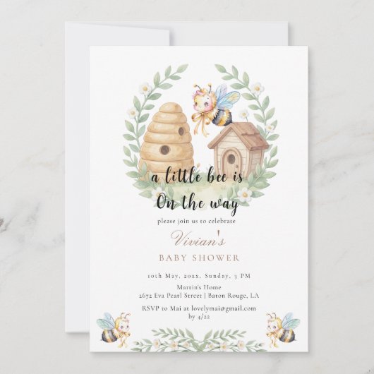 Invitation Fleurs Ruches et Petite Abeille Baby Shower (Devant)