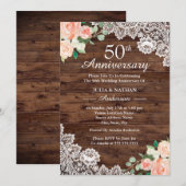 Invitation Fleurs Rustique Bois Dentelle 50e Anniversaire de  (Devant / Derrière)