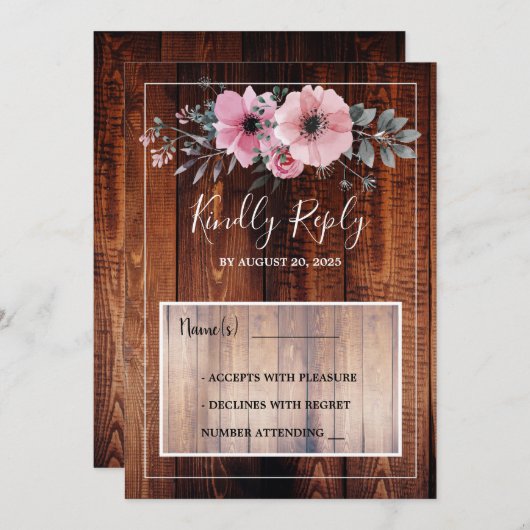 Invitation Fleurs rustiques aquarelle grange bois mariage RSV (Devant / Derrière)