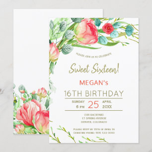 Invitation Fleurs rustiques aquarelle moderne sweet sixteen