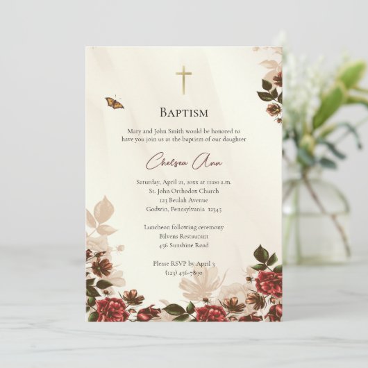 Invitation Fleurs rustiques Baptême orthodoxe (Debout devant)