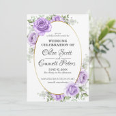 Invitation Fleurs Rustiques Bordure Dorée Rose Violette Clair (Debout devant)