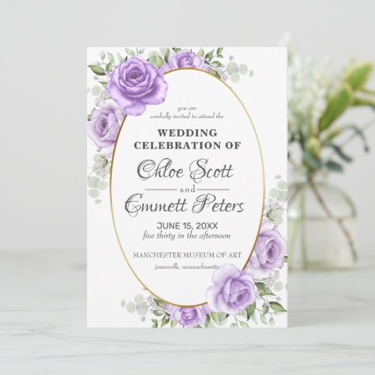 Invitation Fleurs Rustiques Bordure Dorée Rose Violette Clair (Debout devant)