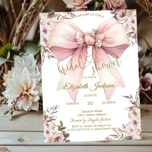 Invitation Fleurs rustiques chic Nœud rose Fête de mariage