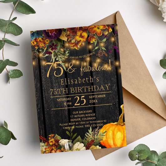 Invitation Fleurs rustiques chic rouillées d'automne 75 année
