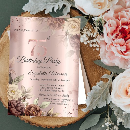 Invitation Fleurs Rustiques Élégantes Rose Gold 75e Anniversa
