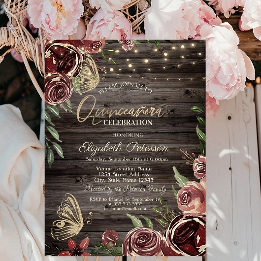 Invitation Fleurs rustiques Papillons scintillants Bois