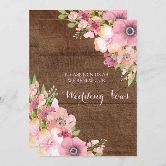 Invitation Fleurs Rustiques Rose Bois Vow Renouvellement Invi (Devant / Derrière)
