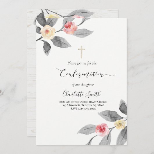 Invitation fleurs rustiques sur bois Confirmation (Devant / Derrière)