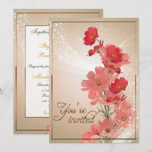 Invitation Fleurs saumons et rouges/Trim Or