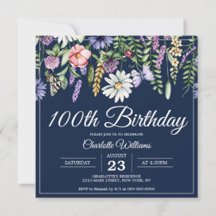 Invitation Fleurs sauvages 100e anniversaire Bleu marine Élég