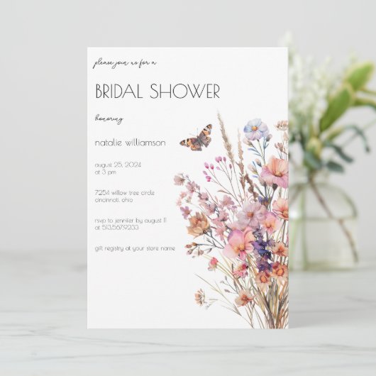 Invitation Fleurs sauvages avec Fête des mariées papillon (Debout devant)