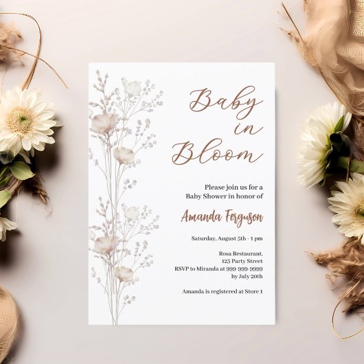 Invitation fleurs sauvages baby showers en crème beige fleuri