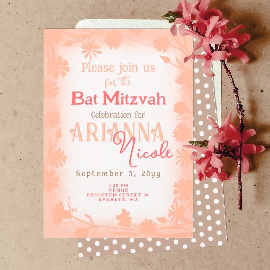 Invitation Fleurs sauvages beiges Pêcher Bat mitzvah Pois