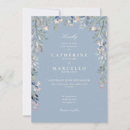 Invitation Fleurs sauvages bleu poussiéreux Code QR Mariage (Devant)
