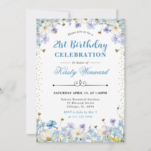 Invitation Fleurs sauvages Bleus Blancs Oubliez-moi non Anniv (Devant)