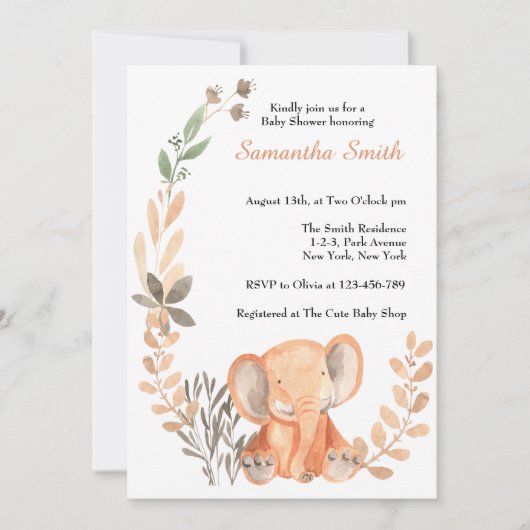 Invitation Fleurs sauvages Boho Baby Elephant Baby shower (Devant)