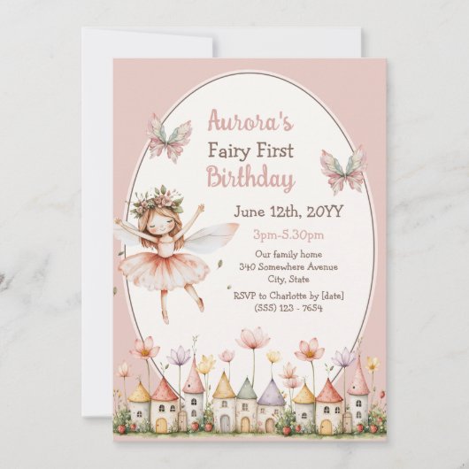 Invitation Fleurs sauvages boho bébé fille Fée Premier annive (Devant)