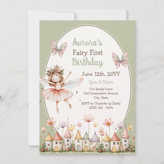 Invitation Fleurs sauvages boho bébé fille Fée Premier annive (Devant)