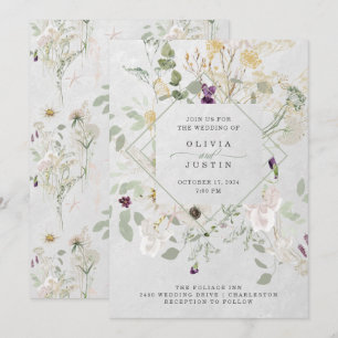 Invitation Fleurs sauvages bruyants Mariage géométrique gri