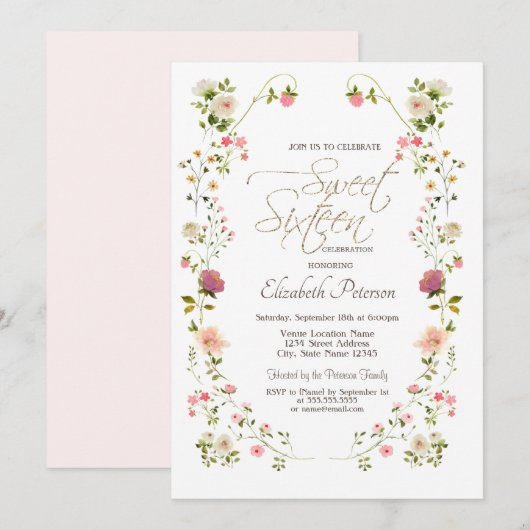 Invitation Fleurs sauvages chic 16 ans (Devant / Derrière)