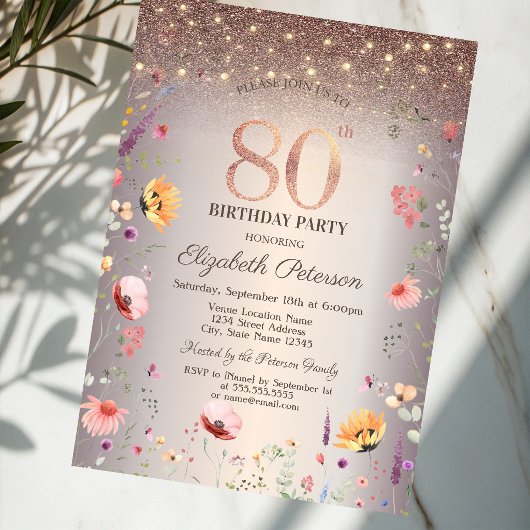 Invitation Fleurs sauvages chic Guirlandes lumineuses 80e ann