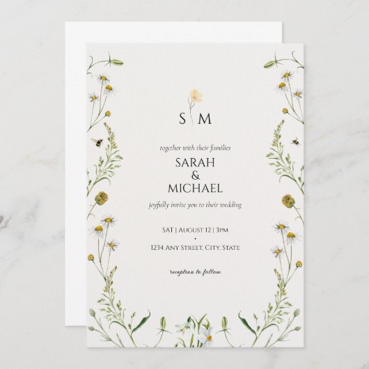 Invitation Fleurs sauvages d'abeilles camomille mignonne mari (Devant / Derrière)