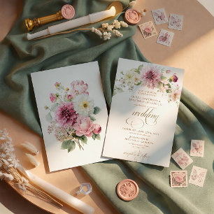 Invitation Fleurs sauvages Dahlia rose Texte doré Mariage  