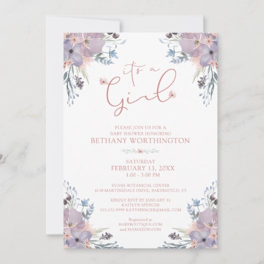 Invitation Fleurs sauvages d'aquarelle Baby shower fille (Devant)