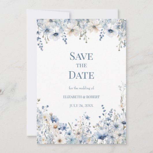 Invitation Fleurs sauvages D'Aquarelle Bleu Dusty Enregistrer (Devant)
