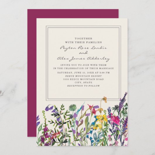 Invitation Fleurs sauvages d'aquarelle Crème violet Mariage (Devant / Derrière)