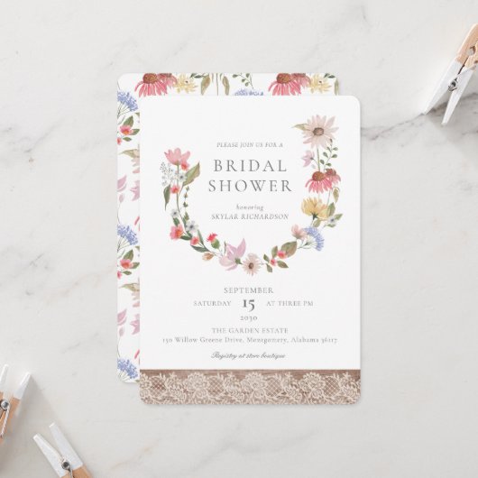 Invitation Fleurs sauvages d'aquarelle et Fête des mariées de (Devant/Arrière en situation)