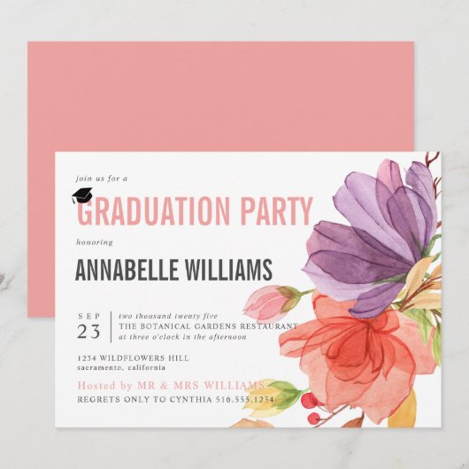 Invitation Fleurs sauvages d'aquarelle gras Pink Graduation P (Devant / Derrière)