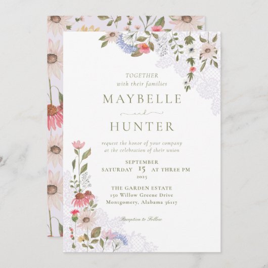 Invitation Fleurs sauvages d'aquarelle, Mariage de feuillage (Devant / Derrière)