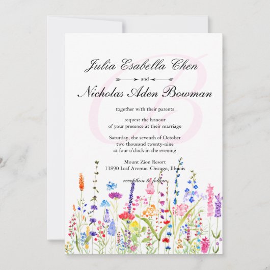 Invitation Fleurs sauvages d'aquarelle Monogramme Mariage de (Devant)