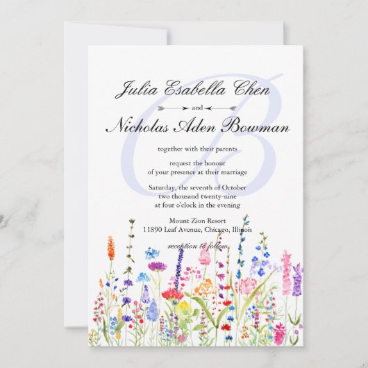 Invitation Fleurs sauvages d'aquarelle Monogramme Mariage de  (Devant)