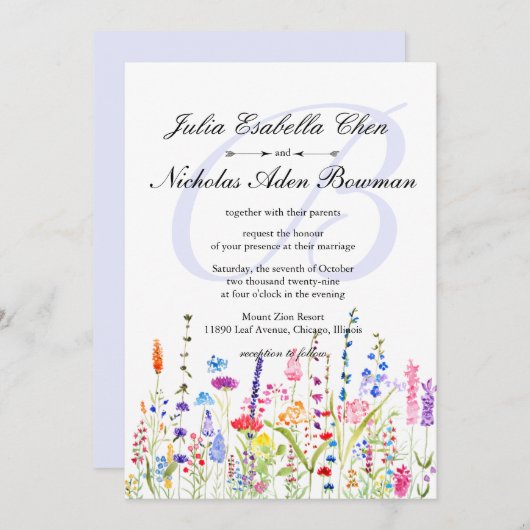 Invitation Fleurs sauvages d'aquarelle Monogramme Mariage de  (Devant / Derrière)