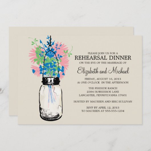 Invitation Fleurs sauvages de pot de maçon de dîner de (Devant / Derrière)