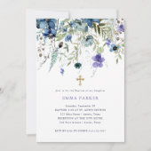 Invitation Fleurs sauvages délicats | Baptême pourpre et bleu (Devant)