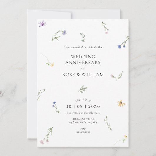 Invitation Fleurs sauvages élégant anniversaire de mariage (Devant)