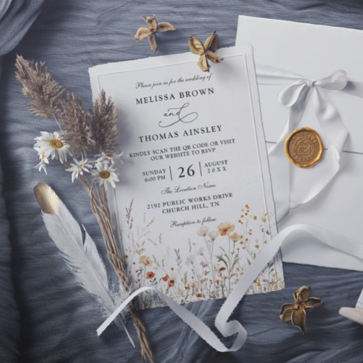 Invitation Fleurs sauvages Élégant Mariage Moderne Code QR Bu