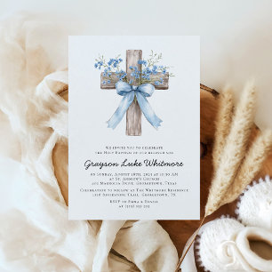 Invitation Fleurs sauvages élégant nœud bleu Baptême