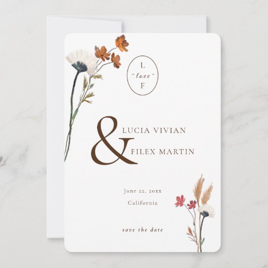Invitation Fleurs sauvages Élégants Aimer Initiale Enregistre (Devant)