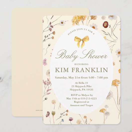 Invitation Fleurs sauvages et Bow Baby shower neutre (Devant / Derrière)