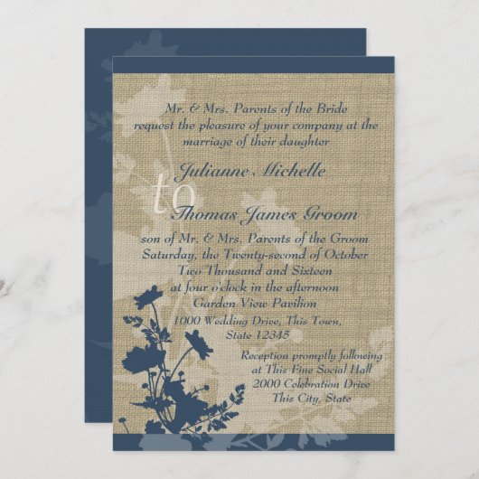 Invitation Fleurs sauvages et Mariage Burlap (Devant / Derrière)