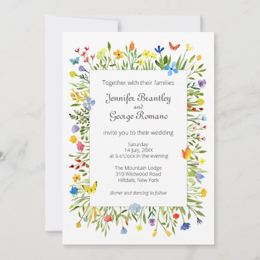 Invitation Fleurs sauvages et papillons Mariage aquarelle (Devant)