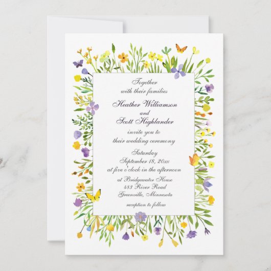 Invitation Fleurs sauvages et papillons Mariage aquarelle (Devant)