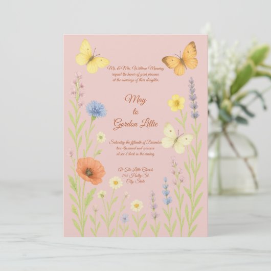 Invitation Fleurs sauvages et papillons Mariage de style aqua (Debout devant)